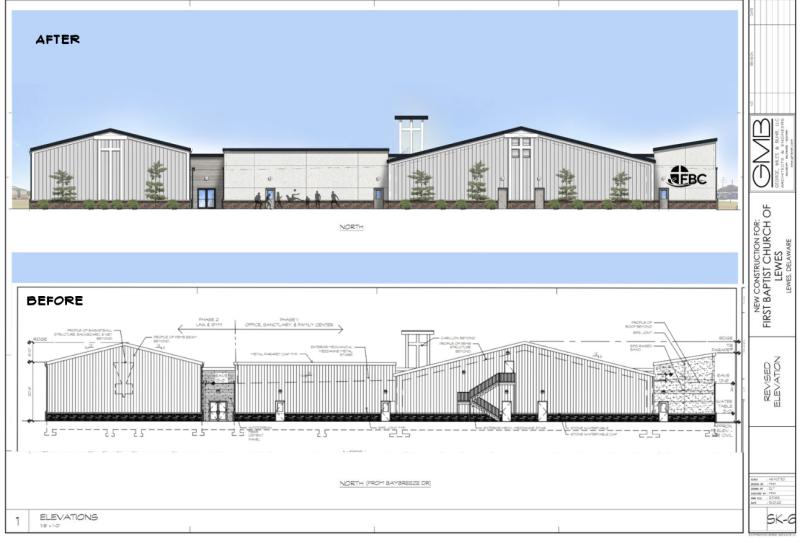The updated rendering shows the north-facing elevation of the proposed First Baptist Church of Lewes building that would be built on Kings Highway at the gateway to the city. CITY OF LEWES IMAGE